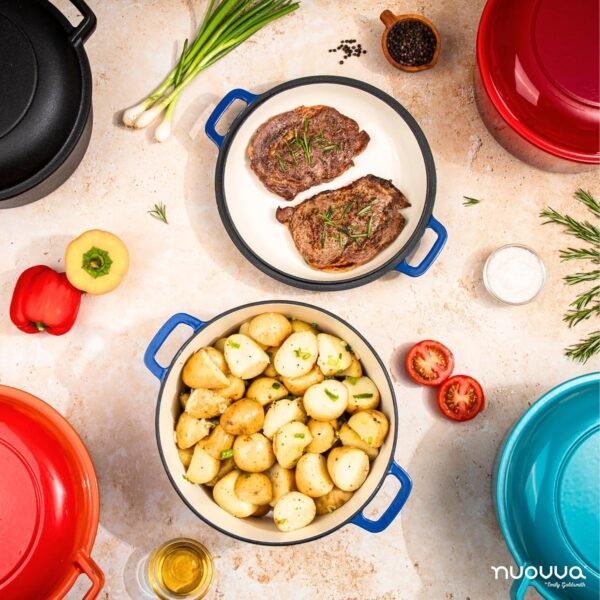 Pre-Seasoned Cast Iron Dutch Oven Casserole Pot - Cast Iron Skillet Lid – 2 in 1 Cooking Cookware Pan Set – Dutch Oven Pot with Lid – Black, 5 Quarts, 26cm – by Nuovva - Image 6