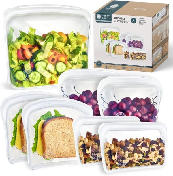 Honest Goods Silicone Food Grade Reusable Storage Bag, 7 Pack, Meal Prep, Snacks, Kid Food, Airtight Leak-Proof Premium Silicone Storage Bags, Microwave & Freezer-Safe (Clear)