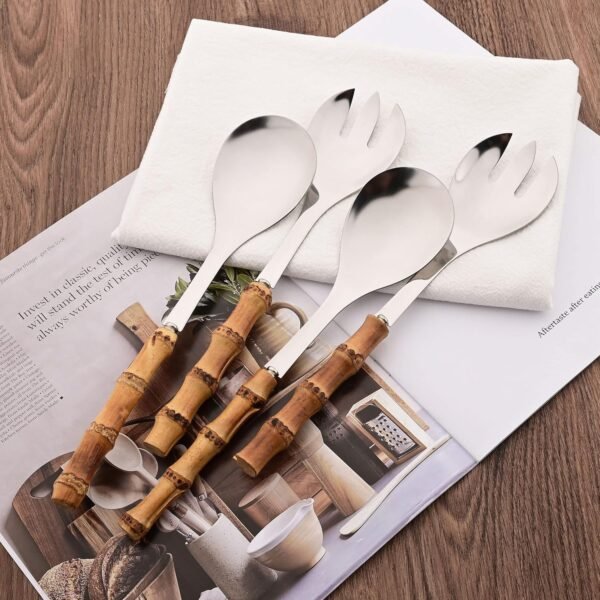 Serving Spoon and Fork Set, 304 Stainless Steel Serving Utensils with Natural Bamboo Handle, 10" Long Handle Serving Set for Kitchen Party Buffet, 4 Pieces / 2 of Each - Image 3