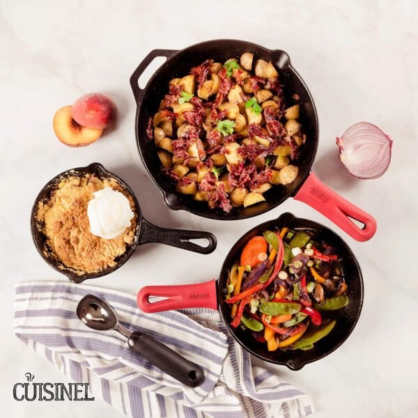Cuisinel Cast Iron Skillet Set - 3-Piece: 6" + 8" + 10"-Inch Chef Frying Pans - Pre-Seasoned Oven Safe Cookware + 3 Heat-Resistant Handle Covers - Indoor/Outdoor Use - Grill, Stovetop, BBQ, Fire Safe - Image 4