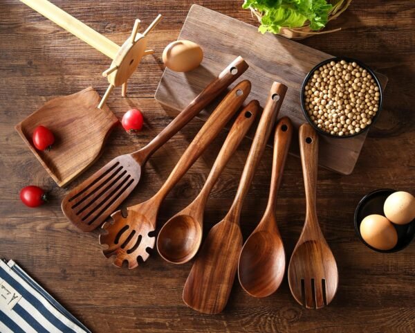 NAYAHOSE Wooden Spoons for Cooking, 8 Pcs Wooden Cooking Utensils Set for Kitchen, Natural Teak Wood Non-Stick Cooking Spoons with Bamboo Holder, Kitchen Hanging Organizer Set - Image 8