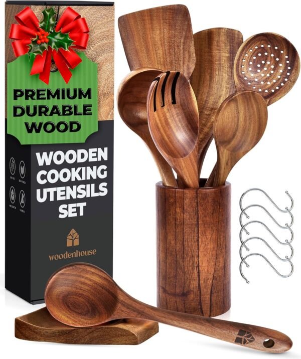 Wooden Spoons for Cooking, Wooden Cooking Utensils Set, Wooden Utensil Set with Holder, Spoon Rest & Hooks, Kitchen Gifts for Women, Kitchen Cookware – Durable Set of 8pcs by Woodenhouse