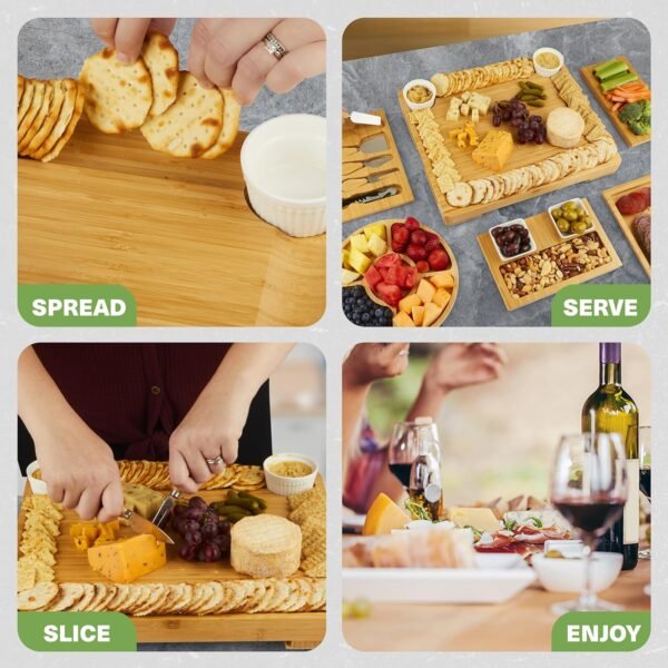 Dynamic Gear Charcuterie Boards with Drawers - Expandable Bamboo Cheese Board Set with Stainless Steel Utensils, Ceramic Bowls, Serving Trays, Utensil Drawer, and Appetizer Tray - 4 Hidden Drawers - Image 8