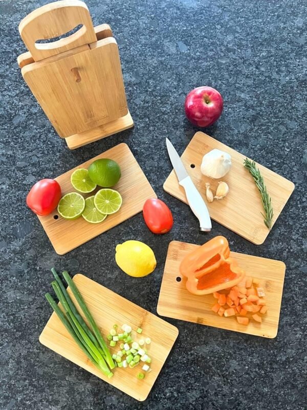 THY COLLECTIBLES Set of 6 Small Bamboo Cutting Boards with Holder Stand - Kitchen Chopping Board Serving Tray for Bread Meat Cheese Fruit and Vegetables (8.75" x 5.5") - Image 3