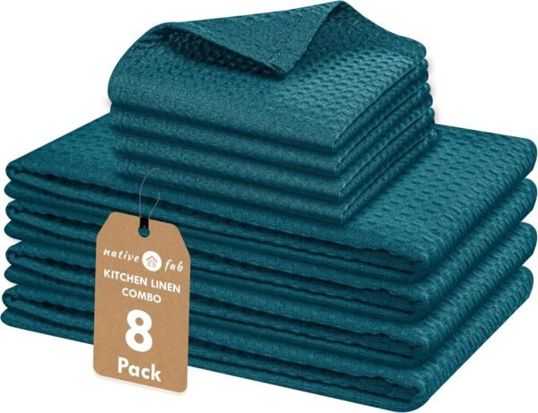 Native Fab Kitchen Towels 4 Pack (16"x26") & Dish Cloths 4 Pack (12"x12") - 8 Piece Kitchen Set, 100% Cotton, Absorbent & Durable for Cleaning and Cooking - Great for Cooking & Baking - Teal Green