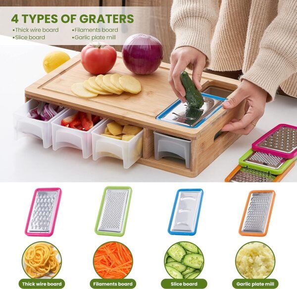 Bamboo Cutting Board with Containers, Lids, and Graters, Large Wood Cutting Board with Containers, Food Dropping Zone, Carving Board with Easy-grip Handle, Juice Groove - Image 2