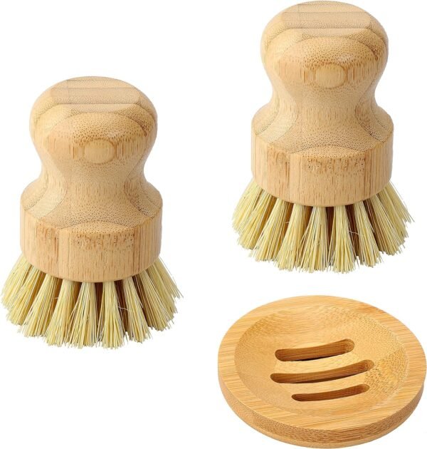 Bamboo Dish Scrub Brush, Kitchen Dish Scrubber Brush Set for Cleaning Dishes,Sink, Cast Iron Pan/Pot