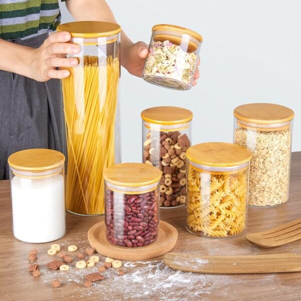 Vtopmart Glass Food Storage Jars, 7 Pack Food Containers with Airtight Bamboo Wooden Lids for Pasta, Cookies, Nuts, Coffee Beans, Cereal, Glass Canisters for Kitchen, Pantry Organization, BPA Free - Image 3