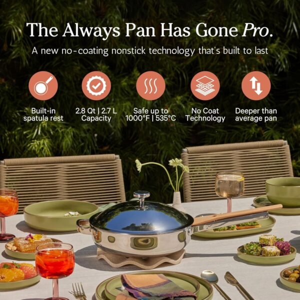 Our Place Titanium Always Pan Pro - No-Coating Nonstick Technology | Tri-Ply Construction with Titanium & Stainless Steel | Heat Safe up to 1000°F | Includes Steam-Release Lid & Spatula | Chrome - Image 2