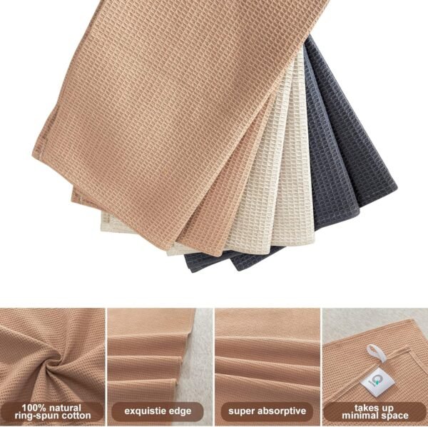 QUILTINA Cotton Waffle Weave Dish Towels Set, 17 x 25 Inches, 6 Pack, Beige, Brown, Dark Grey - Image 2