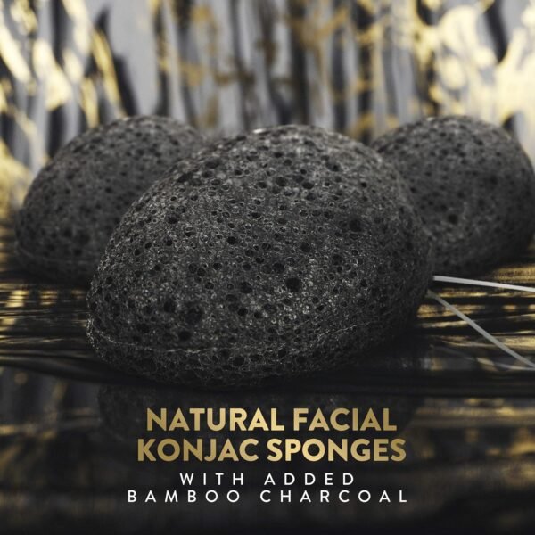 Konjac Sponge for Face | All Natural and Reusable | Konjac Facial Sponge with Activated Bamboo Charcoal | Gentle Exfoliating Sponge for Face | Cleaning for All Skin Types | Biodegradable - Black, 3pcs - Image 3