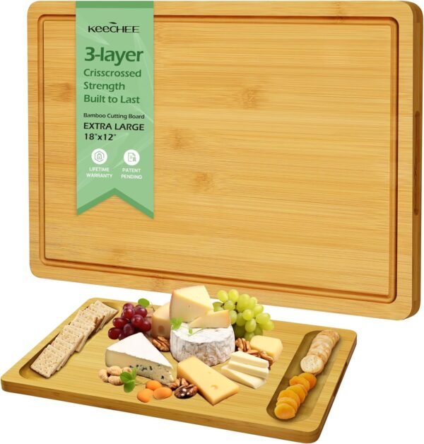 Extra Large Bamboo Cutting Board for Kitchen - 18 Inch Wood XL Cutting Boards with Juice Groove and Handles, Wooden Chopping Board for Meat, Cheese, Fruit & Vegetables (Pre Oiled, Natural)