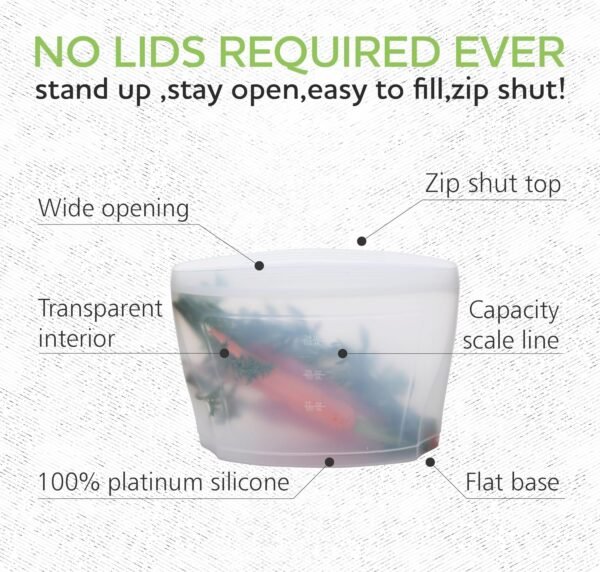 Reusable Silicone Food Storage Bag, Set of 6 White Stand Up Food Storage Container, Reusable Zipper seal bag, no lid required, for Food Storage& Meal Prep, Freezer Oven Dishwasher - Safe - Image 2