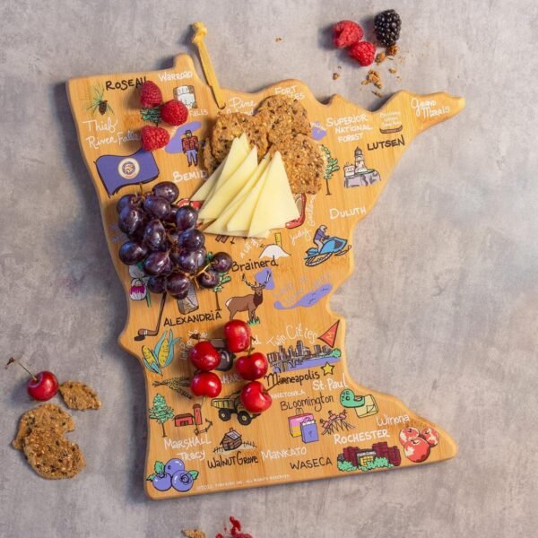 Totally Bamboo Minnesota State Shaped Cutting Board and Charcuterie Serving Platter with Artwork by Fish Kiss, Includes Hang Tie for Wall Display - Image 3