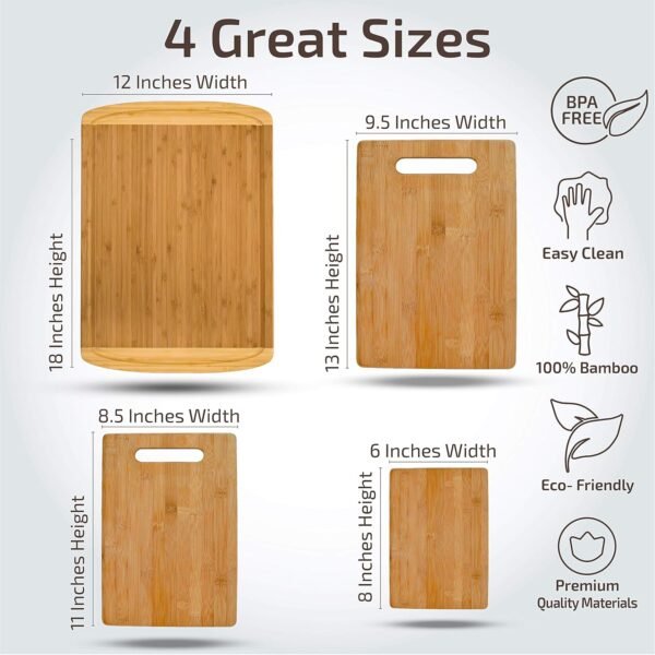 Bamboo Cutting Board Set - Wood Cutting Boards for Kitchen, Chopping Board with Juice Groove for Meat, Cheese and Vegetables - Large Butcher Block, Cheese Board & Charcuterie Board (Set Of 4) - Image 2