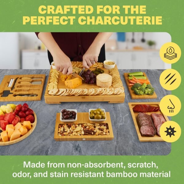 Dynamic Gear Charcuterie Boards with Drawers - Expandable Bamboo Cheese Board Set with Stainless Steel Utensils, Ceramic Bowls, Serving Trays, Utensil Drawer, and Appetizer Tray - 4 Hidden Drawers - Image 3