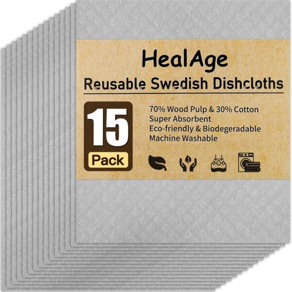 15 Pack Swedish Dishcloths for Kitchen, Ultra Absorbent Swedish Dish Towels for Washing Dishes, Non-Scratch Reusable Paper Towels, Biodegradable Cellulose Sponge Cloths,Gray