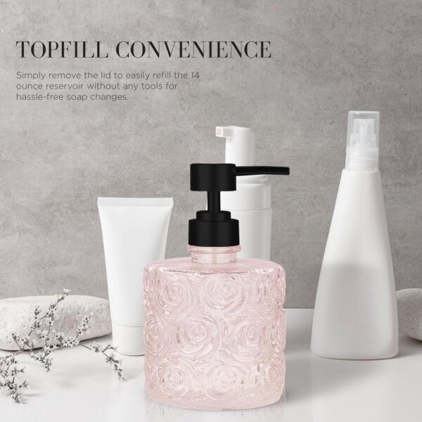 Marcella Glass Soap Dispenser with Soap Pump, Refillable 14 Ounce Capacity, Floral Design Rose Patterns, Heavy Weight Thick Glass for Bathroom, Premium Kitchen Soap Dispenser (Peach Blush) - Image 6