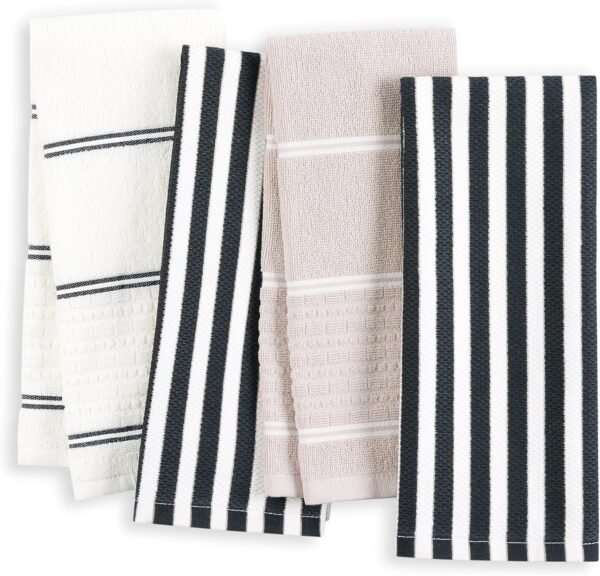Kate Spade New York Botanical Stripe Kitchen Towels 4-Pack Set, Absorbent 100% Cotton, Black/Beige, 17"x28"