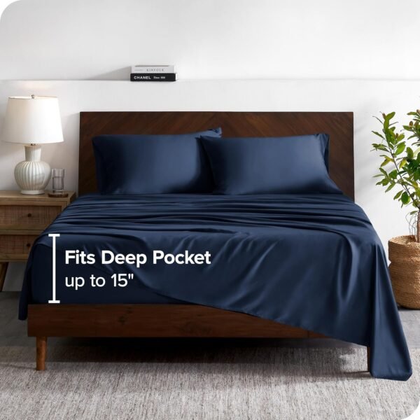 Bare Home 100% Rayon Made from Bamboo Luxury Queen Sheet Set - 4 Piece Bedding Set - Deep Pockets - Cooling Sheets - Breathable - Easy Fit - Soft Bedding Sheets & Pillowcases (Queen, Dark Blue) - Image 4