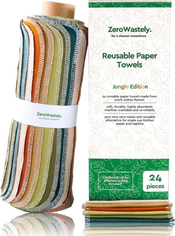 Reusable Paper Towels - Value Pack of 24 Paperless Towels! 100% Cotton, Super Soft, Absorbent, Washable and Made To Last Cut Back Waste Less with our Cloth By ZeroWastely