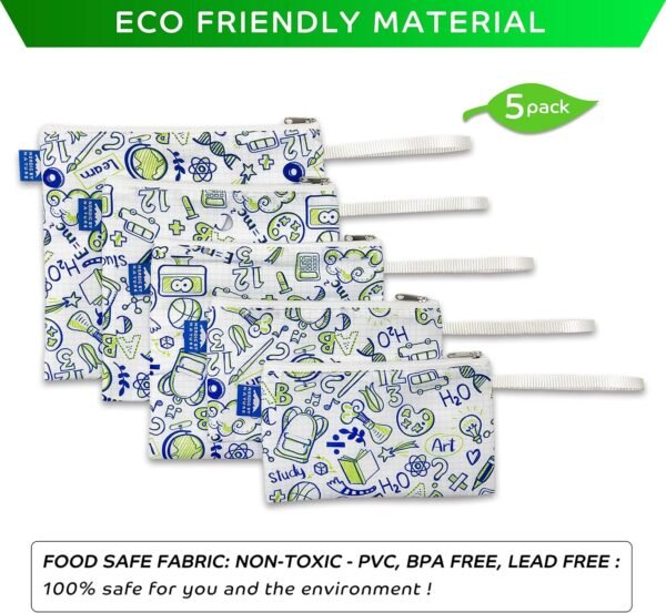Nordic By Nature Reusable Sandwich Bag Snack Bags - Value Pack of 5 Dual Layer Lunch Baggies - Dishwasher Safe - Eco Friendly Cloth Wraps - Easy Open Zipper (Back to School) - Image 2