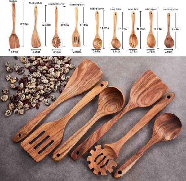 Wooden Kitchen Utensils Set,GUDAMAYE 9 PCE Natural Teak Wooden Spoons For Non-stick Pan for Cooking, - Image 3