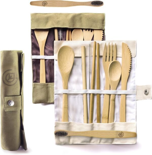Greenzla 2-Pack Bamboo Utensils Set | With Bonus 2 Bamboo Toothbrushes | Natural Bamboo Straw, Spoon, Fork, Knife, Teaspoon, Chopsticks, Brush & 2 Storage Bags | Reusable Bamboo Cutlery set