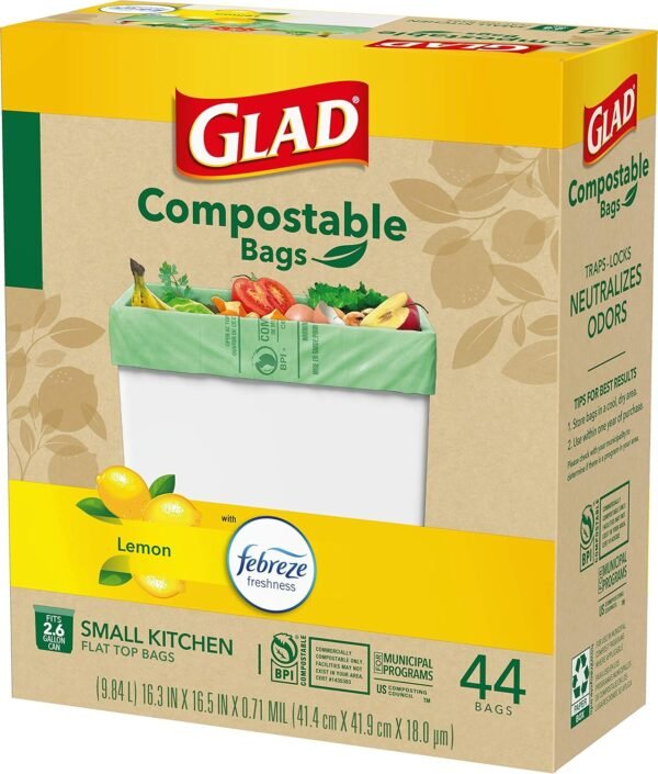 Glad Trash Bags, Kitchen Compost Bags 2.6 Gallon Garbage Bags, 100% Compostable Bag, Febreze Lemon, 44 Count (Package May Vary), Light Yellow - Image 9