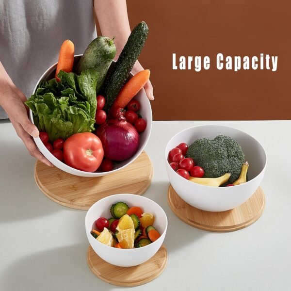 Large Salad Bowls with Lid & Serving Utensils, Set of 3 Bamboo Fiber Mixing Bowls Set for Serving Salads, Kitchen Eating, Pastas, Popcorn, Chips, Fruit, Food Prepare (WHITE) - Image 5