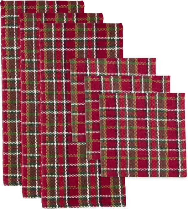 DII Heavy Duty Kitchen Towels Collection Long Lasting Quality, Cotton Dish Towel, 18x28"; Dish Cloth, 13x13", Tartan Plaid, 6 Piece