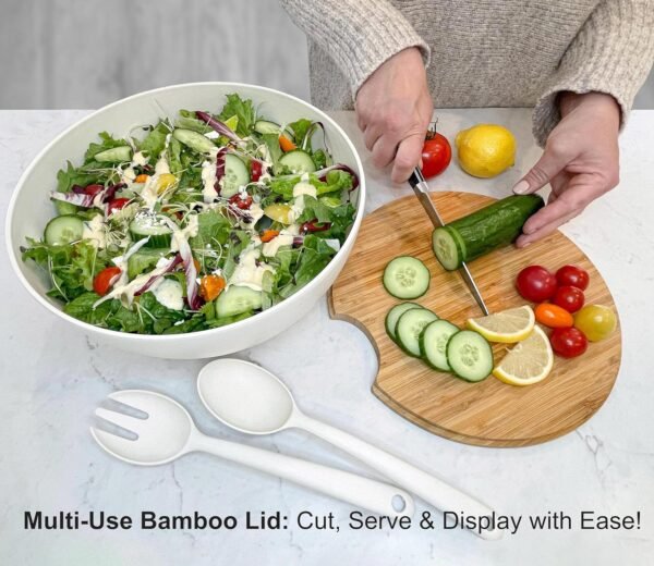 11.5" Extra Large Salad and Serving Bowl with Wooden Lid and Servers - Bamboo Fiber Wood Mixing Bowl Set with Utensils for Fruits, Vegetable Salads, Pasta, Home Decoration & Parties - Natural White - Image 3