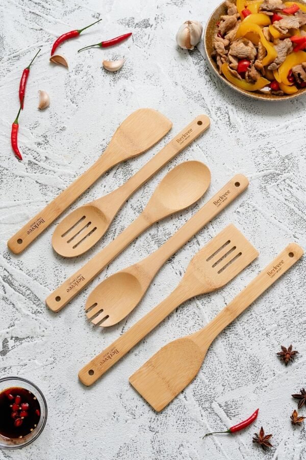 Bamboo Kitchen Utensils 6-Piece Set - Premium Non-Scratch Wooden Spoons and Spatulas for Everyday Cooking - Image 4