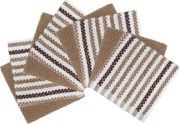 Bumble Premium Dish Cloths Towel 12"x12" | 100% Natural Ring Spun Cotton Tea Towel Set | 430 GSM | Highly Absorbent & Soft Dish Towels | 8 Pack - 4 Popcorn Wide Striped & 4 Solid Kitchen Towels - Tan - Image 2