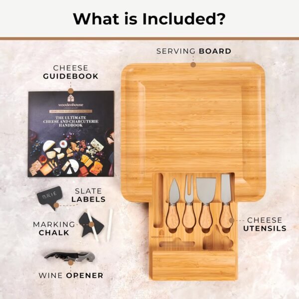 Charcuterie Board 13"x13", Bamboo Cheese Board, Cheese Platter – Meat and Cheese Tray Set with Cheese Utensils and Wine Opener Included - Image 4