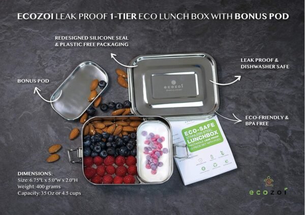 Stainless Steel Lunch Box, Leak Proof 1 Tier Eco Metal Bento Box | Bonus Pod And Redesigned Silicone Seal | Sustainable Zero Waste Eco Friendly Food Storage Container - Image 2
