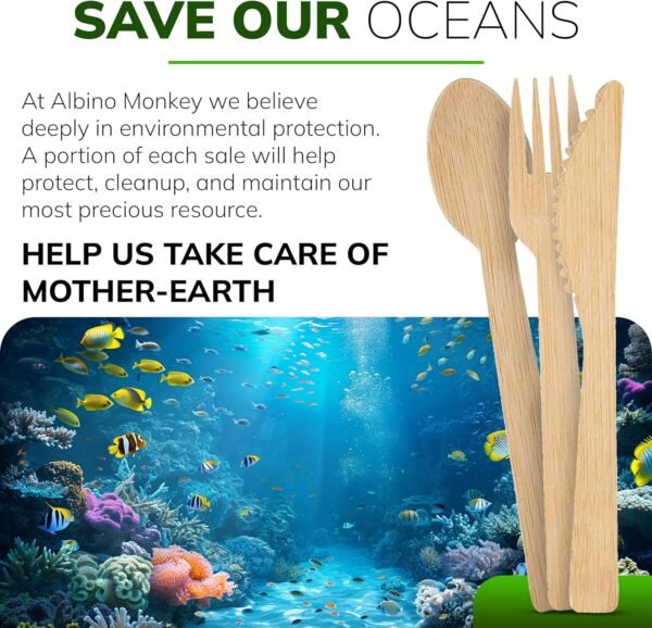 Bamboo Utensils Disposable Cutlery set - Or Reuse, Pack of 100 - Durable for Picnic - 50 Forks, 25 Spoons, and 25 Knives - Camping Products and Party Eating Supplies, Wooden Utensils - Image 7