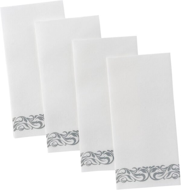 50-Pack Disposable Linen-Feel Guest Towels For Bathroom - Decorative White Hand Towels, Silver Floral Paper Napkins - Image 5