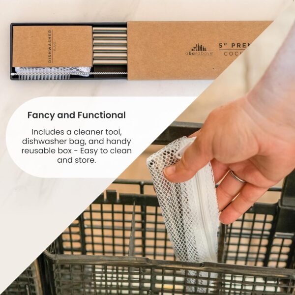 A Bar Above Short Cocktail Straws – Stainless Steel Straws – Metal Straws Reusable Set w/Straw Cleaner Brush & Dishwasher Bag – Reusable Straws for Drinking & Stirring (Set of 6) - Image 3