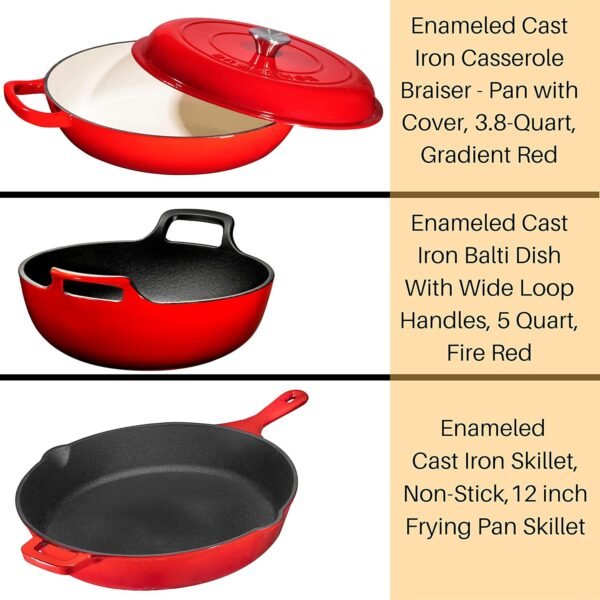 Enameled Cast Iron 3 Piece Bundle Gift Set, 3.8qt. Braiser Pan, 12 inch Skillet & 3qt. Balti Dish, Cookware Set - Image 2