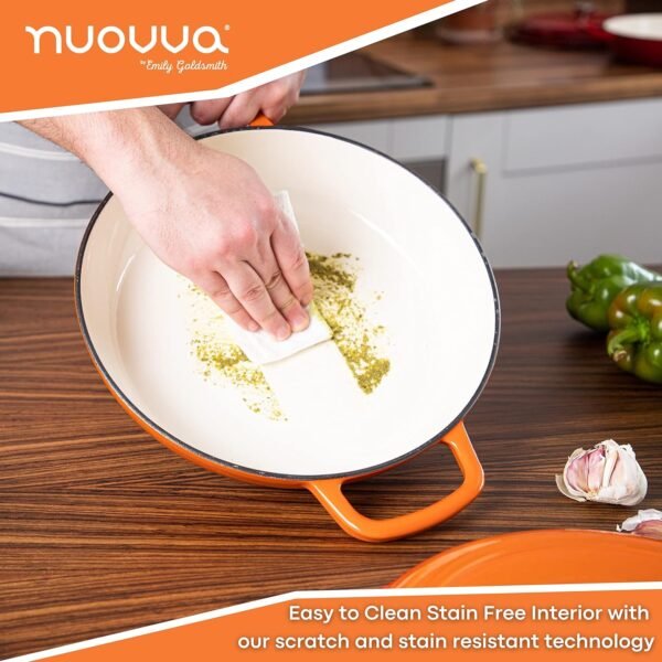 Cast Iron Dutch Oven with Lid – Non Stick Shallow Dutch Oven Pot, Oven Safe up to 500° F – Sturdy Cooking Pot – Enamelled Stockpot Cookware – Orange, 3.7-Quart, 30cm – by Nuovva - Image 5