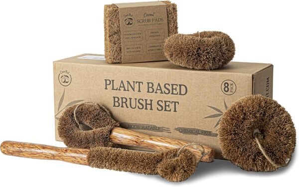 Natural Coconut Srub Brush Set of 8, Cleaning Brush with Handle for Dish, Bottle, Vegetable, Pan, Pot, Planted Based Coconut Fibers, 8 pcs Kitchen Tool, Sturdy, Deep Cleaning