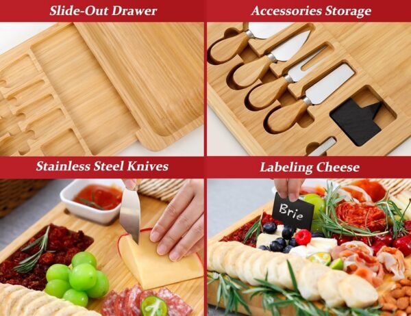 Easoger Cheese Board, Large Charcuterie Board Set, Bamboo Serving Platter, 4 Serving Knives and Utensils - House Warming Gifts, Wedding Gifts for Couples, Birthday Gift for Women or Men - Image 3