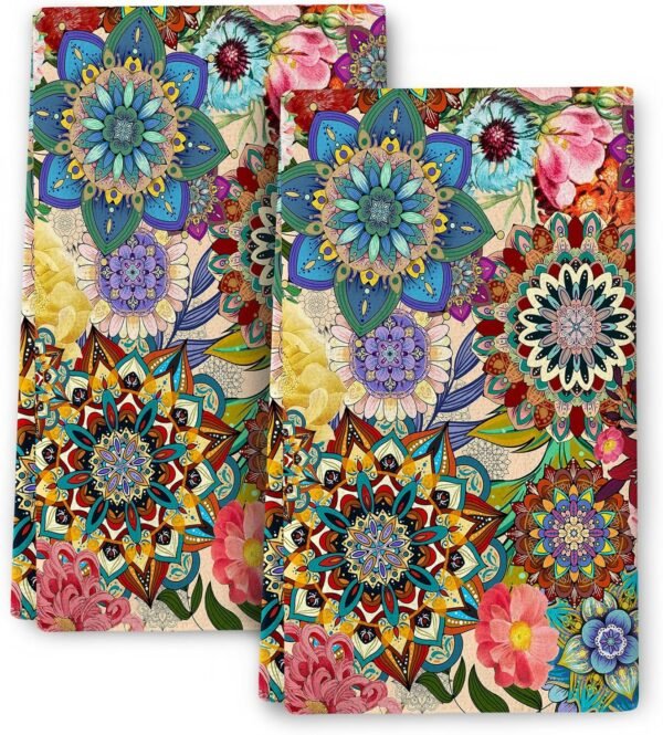 Boho Floral Kitchen Towels Decorative Set of 2, Colorful Flowers Dish Towels for Kitchen,Absorbent Soft Hand Towels Tea Towels Bar Towels for Kitchen Farmhouse Home Decor