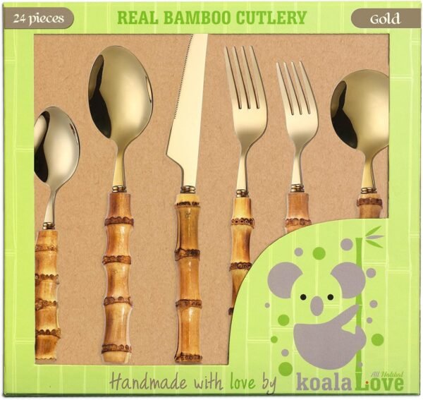 Bamboo Silverware Set Natural Bamboo Flatware Set Hand Crafted Bamboo Cutlery Utensils, Handmade With Love By KoalaLove! (4 Sets, 24 Cutlery Pieces, Gold) - Image 6