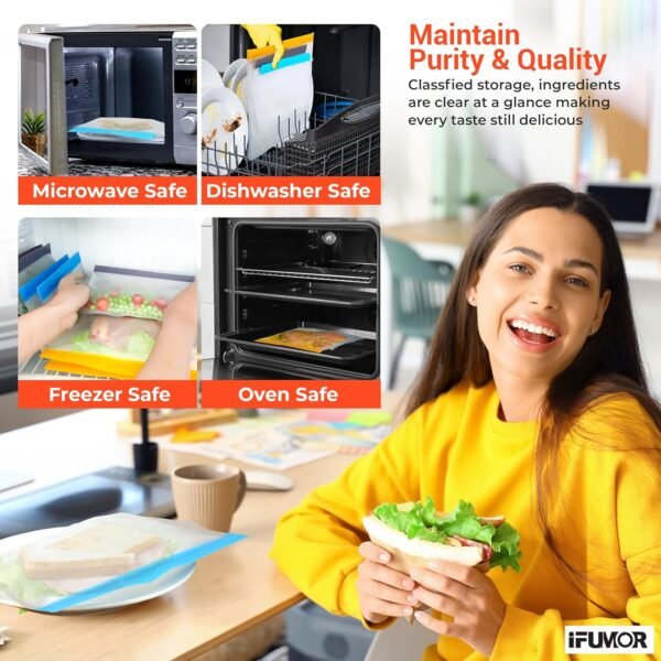 10 Pack Reusable Ziplock Bags Silicone - BPA Free, Leakproof Reusable Food Storage Freezer Bags, Dishwasher Safe, 3 Gallon, 4 Sandwich, 3 Snack Bags for Lunch, Marinate & Food Travel - Image 4