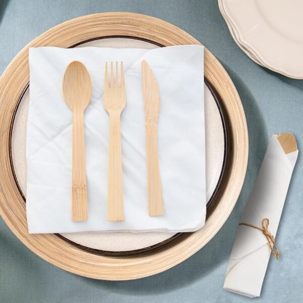 Pre Wrapped Bamboo Cutlery Set with Napkin - 50 Pack Bamboo Utensils Set (50 Spoons, 50 Forks, 50 Knives, 50 Napkins), Pre Rolled Disposable Biodegradable Silverware Wedding or Party (50, Natural) - Image 2