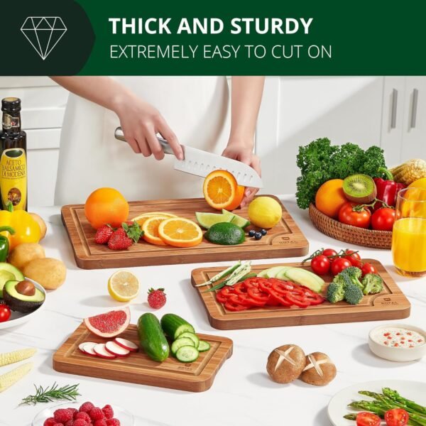 ROYAL CRAFT WOOD Wooden Cutting Boards for Kitchen Meal Prep & Serving - Bamboo Wood Serving Board Set with Deep Juice Groove Side Handles - Charcuterie & Chopping Butcher Block for Meat (3 Pcs) - Image 6