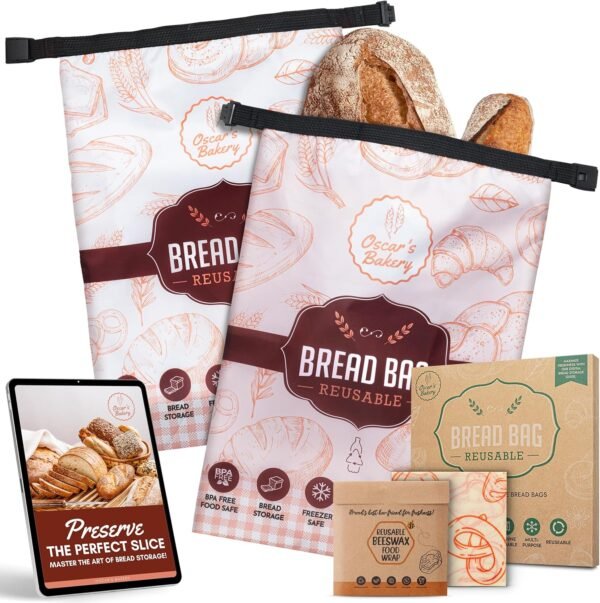 Reusable Bread Bags for Homemade Bread- Sourdough Bread Bags- Freezer Safe, BPA-Free Homemade Bread Storage Bags- Bread Storage Containers with Beeswax Wrap. Retro Orange- 2 Pack- Oscar's Bakery