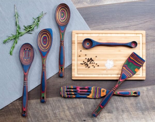 Exotic Pakkawood 6-Piece Kitchen Utensil Set with 12-in Spoon, 12-in Slotted Spoon, 12-in Spatula, 12-in Corner Spoon, 13-in Large Spurtle, Double Measuring Spoon - by Crate Collective (Rainbow) - Image 7